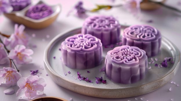 Delicious purple mooncakes beautifully arranged, complemented by exquisite purple flowers adorning the setting