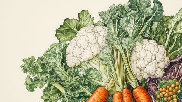 Detailed botanical drawing of vegetable harvest