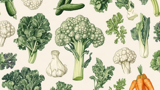 Detailed botanical drawing of vegetable harvest