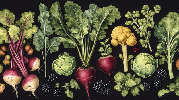 Detailed botanical drawing of vegetable harvest