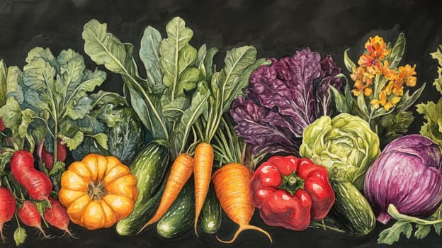 Detailed botanical drawing of vegetable harvest