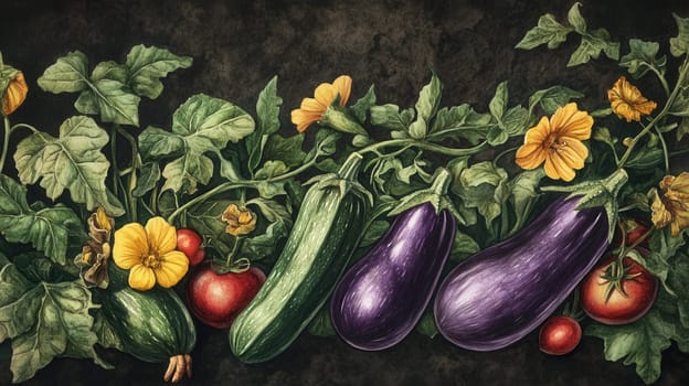 Detailed botanical drawing of vegetable harvest