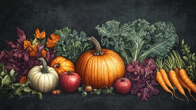 Detailed botanical drawing of vegetable harvest
