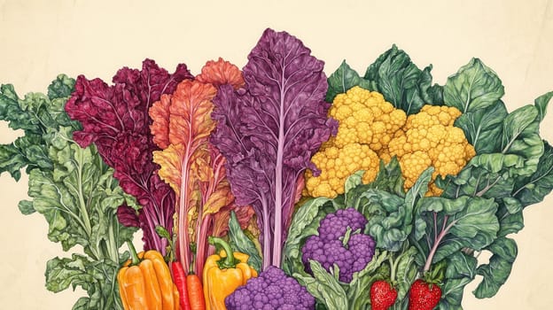 Detailed botanical drawing of vegetable harvest