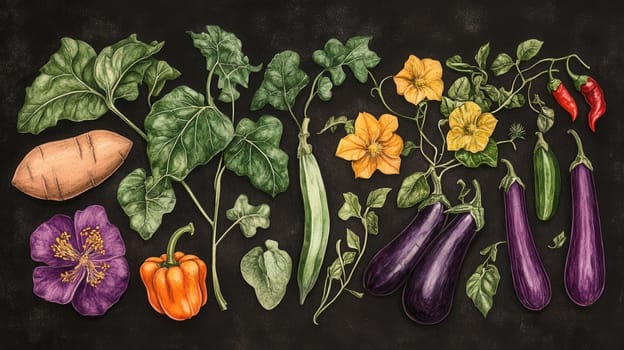 Detailed botanical drawing of vegetable harvest