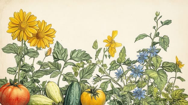 Detailed botanical drawing of vegetable harvest
