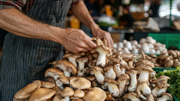 Farmers' market with mushrooms in containers