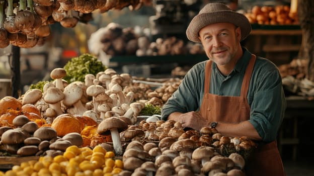 Farmers' market with mushrooms in containers