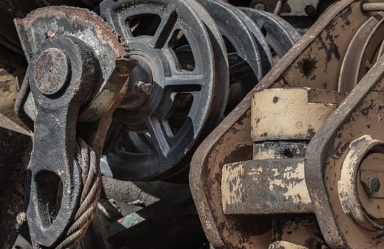 Old tractor parts, Rusty ndustrial machinery and other used at second hand parts car shop. Recycling, Space for text, Selective focus.