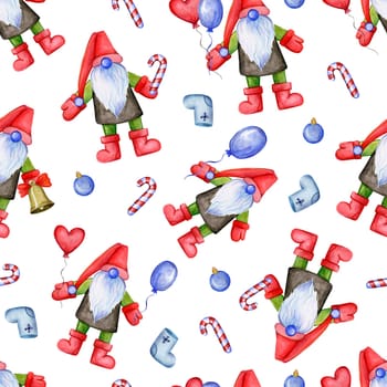 Seamless repetitive pattern with cute Christmas gnomes and fur trees and decorations depicted on white background