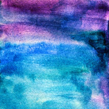 Blue watercolor background with spots, dots, blurred circles. Hand-drawn illustration
