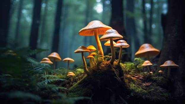 A cluster of bright orange mushrooms glowing in the soft light on a mossy forest floor. A close-up of glowing mushrooms against a forest background.
