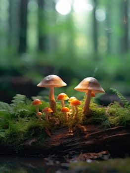 A cluster of bright orange mushrooms glowing in the soft light on a mossy forest floor. A close-up of glowing mushrooms against a forest background.