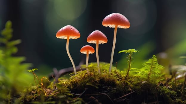 A cluster of bright orange mushrooms glowing in the soft light on a mossy forest floor. A close-up of glowing mushrooms against a forest background.