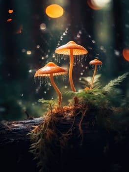 A cluster of bright orange mushrooms glowing in the soft light on a mossy forest floor. A close-up of glowing mushrooms against a forest background.
