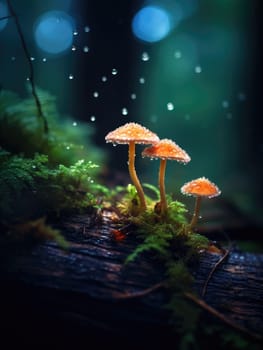A cluster of bright orange mushrooms glowing in the soft light on a mossy forest floor. A close-up of glowing mushrooms against a forest background.