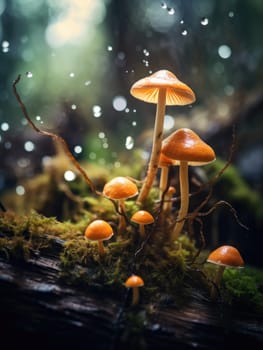 A cluster of bright orange mushrooms glowing in the soft light on a mossy forest floor. A close-up of glowing mushrooms against a forest background.