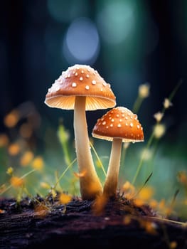 A cluster of bright orange mushrooms glowing in the soft light on a mossy forest floor. A close-up of glowing mushrooms against a forest background.