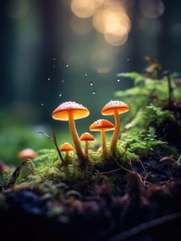 A cluster of bright orange mushrooms glowing in the soft light on a mossy forest floor. A close-up of glowing mushrooms against a forest background.