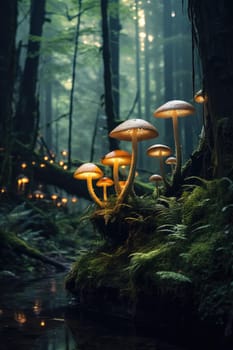 A cluster of bright orange mushrooms glowing in the soft light on a mossy forest floor. A close-up of glowing mushrooms against a forest background.