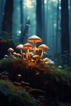 A cluster of bright orange mushrooms glowing in the soft light on a mossy forest floor. A close-up of glowing mushrooms against a forest background.