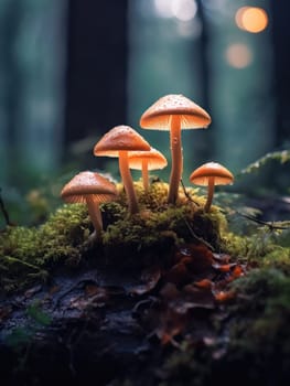 A cluster of bright orange mushrooms glowing in the soft light on a mossy forest floor. A close-up of glowing mushrooms against a forest background.