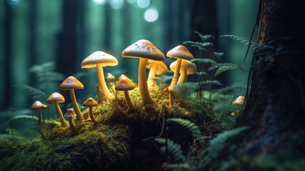 A cluster of bright orange mushrooms glowing in the soft light on a mossy forest floor. A close-up of glowing mushrooms against a forest background.