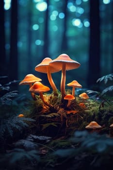 A cluster of bright orange mushrooms glowing in the soft light on a mossy forest floor. A close-up of glowing mushrooms against a forest background.