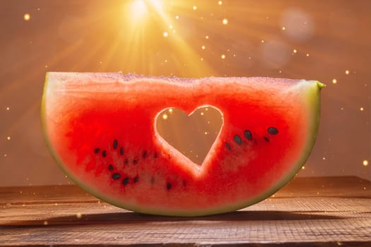 Ripe watermelon slice with heart shaped hole on blue background of the blue sky with little cloud on a hot summer day