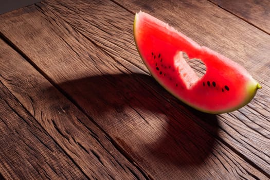 Ripe watermelon slice with heart shaped hole on blue background of the blue sky with little cloud on a hot summer day