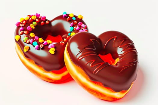 Two heart-shaped donuts, coated in chocolate and colorful sprinkles, stacked together. Ideal for celebrations like Fat Thursday or Valentine's Day but high in calories.