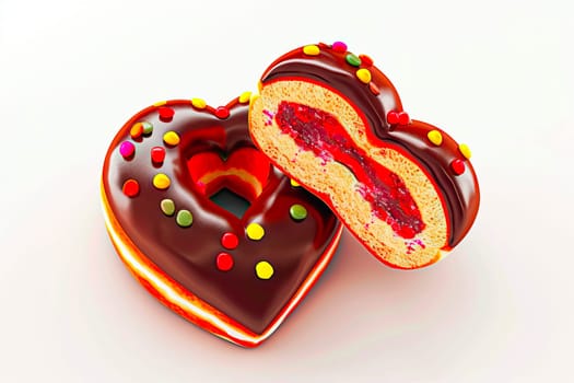 Two heart-shaped donuts, one sliced to reveal a luscious raspberry filling, topped with chocolate glaze and colorful sprinkles. A treat for special occasions.