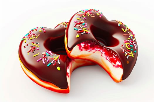 Two heart-shaped donuts, sliced to showcase cherry jam filling, topped with chocolate glaze and colorful sprinkles. A delicious treat for special occasions.