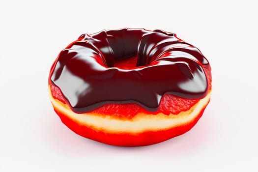 A round donut dipped in shiny chocolate glaze, with a central hole, reflecting light beautifully. An ideal treat for festive occasions and bakery displays.