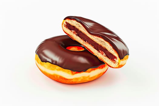 A pair of chocolate-glazed donuts, stacked with clean cuts, displaying the art of perfect pastry creation. Ideal for festive occasions and dessert indulgence.