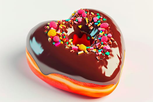 Savor a delicious heart-shaped donut, covered in rich chocolate and colorful sprinkles, ideal for festive celebrations and sweet moments.