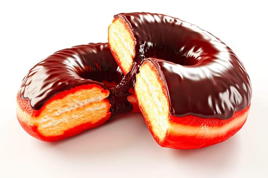 Two stacked donuts, covered in rich chocolate glaze with clean, even slices. A sweet treat ideal for celebrations, showcasing the art of fine pastry.