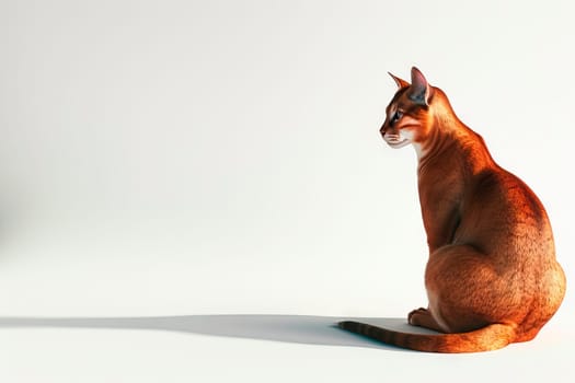 A brown and black spotted pedigree cat sits on the right side of a soft white-to-gray gradient background. Ideal for projects requiring added text or creative elements.