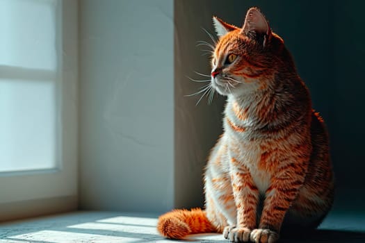 A fluffy, brown, and orange cat with white accents sits by a window, illuminated by soft light in a minimalist room. The cat, with open eyes and attentive ears, watches the outside world.