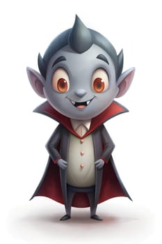 A cartoon vampire with big orange eyes and a friendly smile stands proudly in its classic attire, embodying a whimsical and fun character in a playful design.