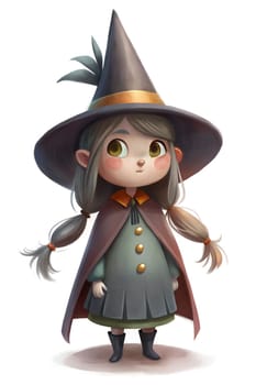 A charming young witch stands with a confident expression. She wears a large pointed hat and a colorful cloak. The character radiates a sense of magic and adventure.
