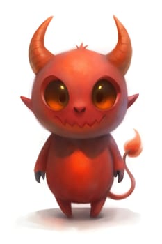 A playful red devil character with big round eyes and prominent horns stands cheerfully. Its small tail sways behind, adding to its adorable yet mischievous charm.
