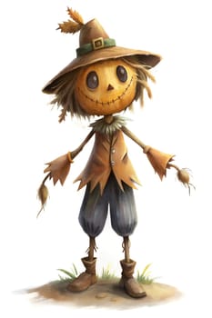The cheerful scarecrow, with a smiling pumpkin head and rustic outfit, brings charm to the field, surrounded by hints of nature and sunlight.
