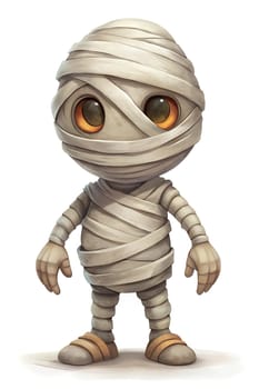 A whimsical mummy character stands confidently, wrapped in bandages, with large expressive eyes and a playful demeanor, embodying a fun and friendly spirit.