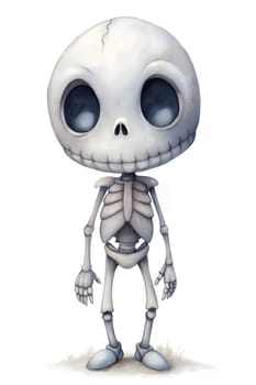 A playful cartoon skeleton stands with a friendly expression, featuring oversized eyes and a charming smile. The design highlights a fun and whimsical character perfect for all ages.