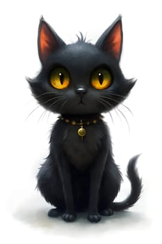 A charming black cat sits gracefully with large yellow eyes, wearing a distinctive collar. Its fur appears soft and well-groomed, adding to its playful demeanor in a simple background.