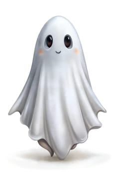 A playful cartoon ghost with large eyes and a smiling face stands upright. Its flowing white sheet creates a whimsical appearance, appealing to children during Halloween festivities.