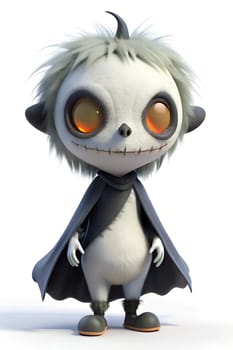 A charming, cartoon-like character featuring gray fur, oversized eyes, and a playful expression, dressed in a dark cloak and set against a neutral backdrop.