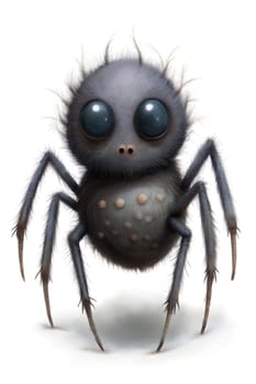 A whimsical spider with large, expressive eyes and a fuzzy body stands out against a plain white background, emphasizing its adorable and unconventional appearance.