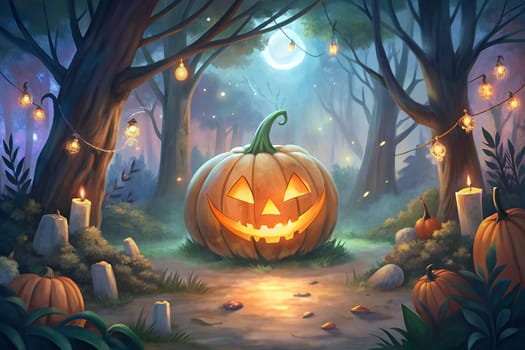 A large, cheerful jack-o'-lantern lights up a misty forest path at night, with smaller pumpkins around and soft candlelight glowing among the trees and fairy lights.
